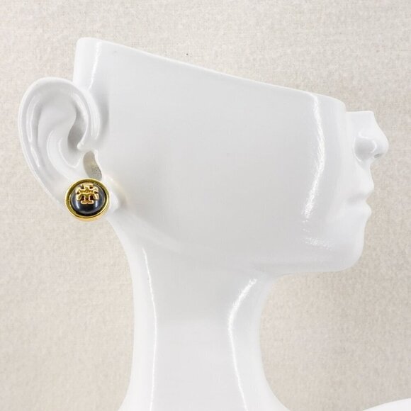 Tory Burch Melodie Pearl Logo Stud Dome Earrings Black/Tory Gold OS - Picture 6 of 13